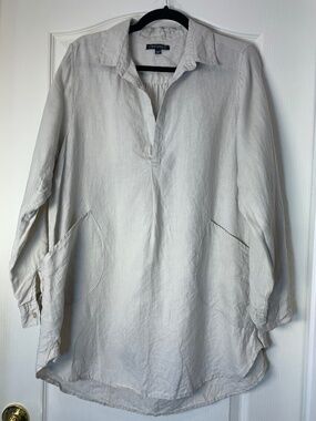 For Cynthia Linen Blouse Cream Relaxed Fit Pockets Cottage Chic L